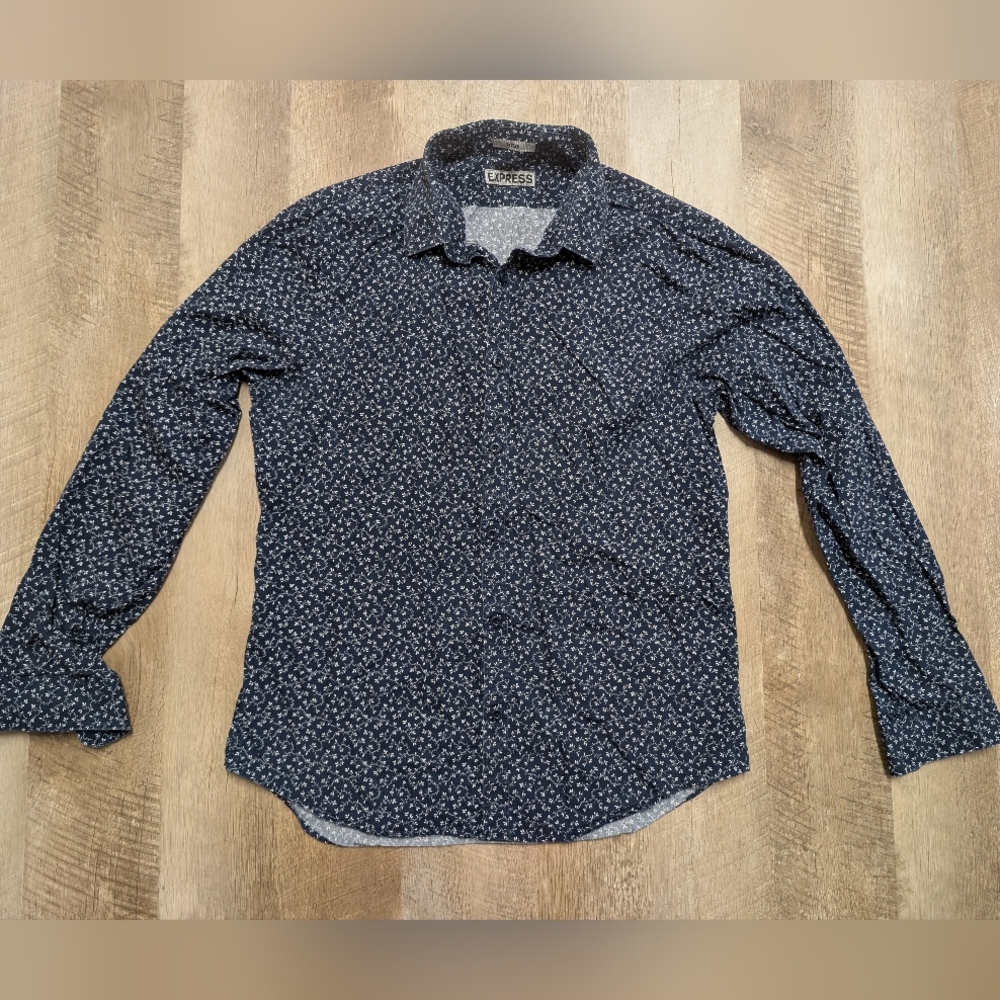 Express Men's Navy Blue Patterned Button Down Shi… - image 1
